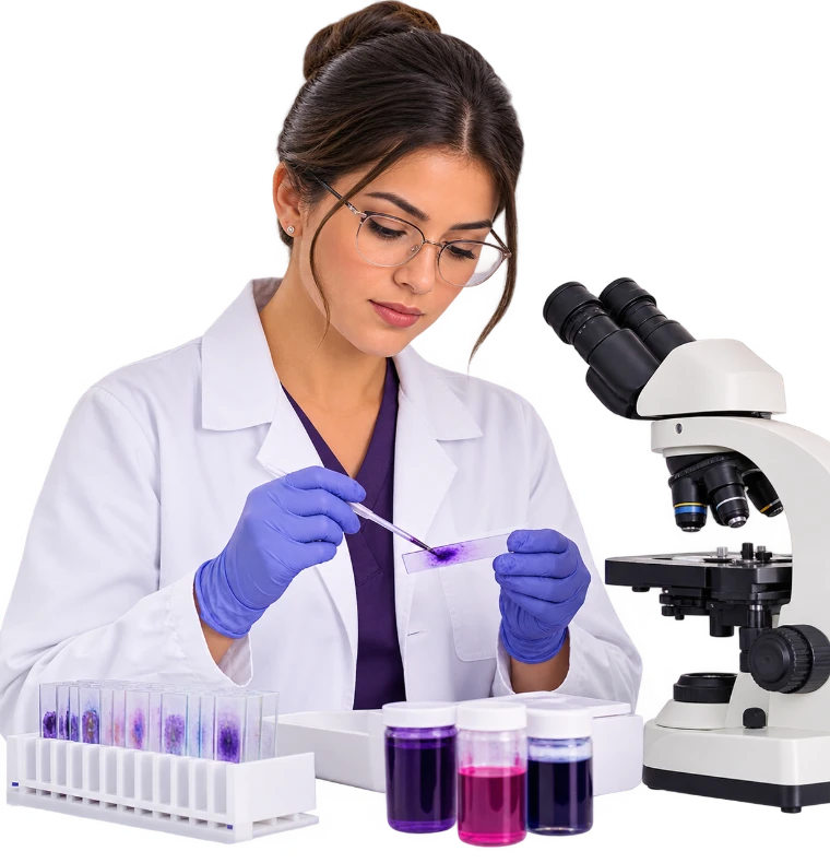 Técnica de laboratório preparando lâminas ao microscópio