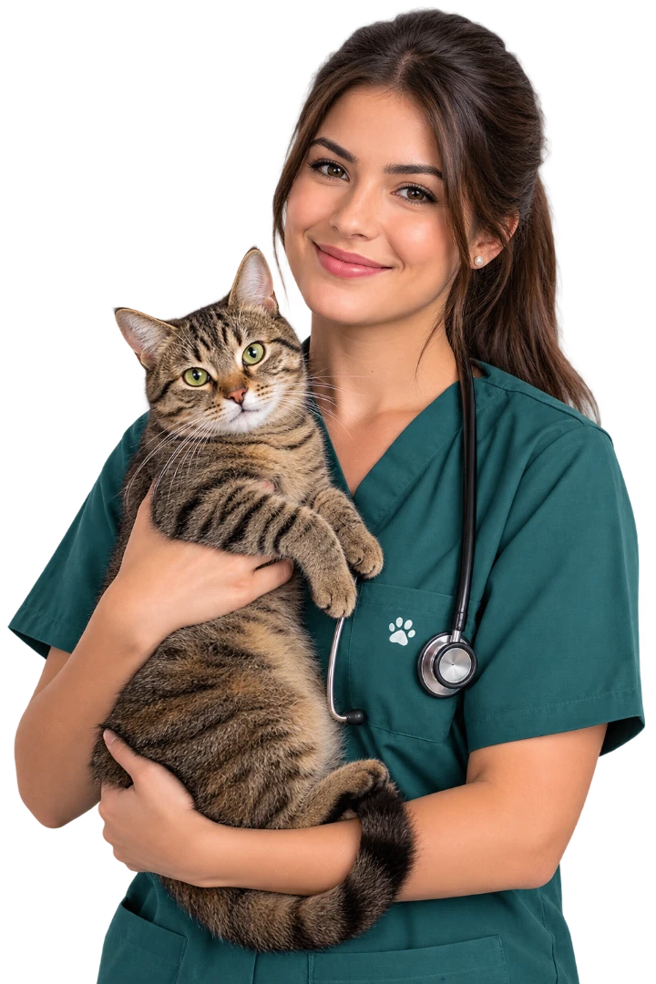 Veterinária sorridente com um gato no colo