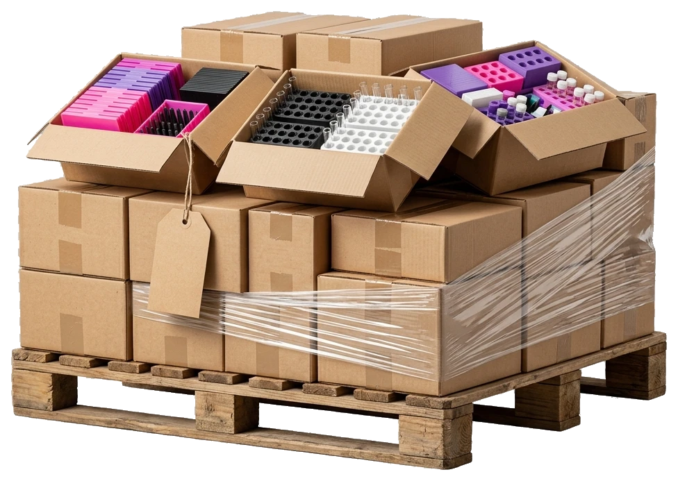 Palete com caixas de papelão cheias de acessórios para laboratório, para compras em quantidade