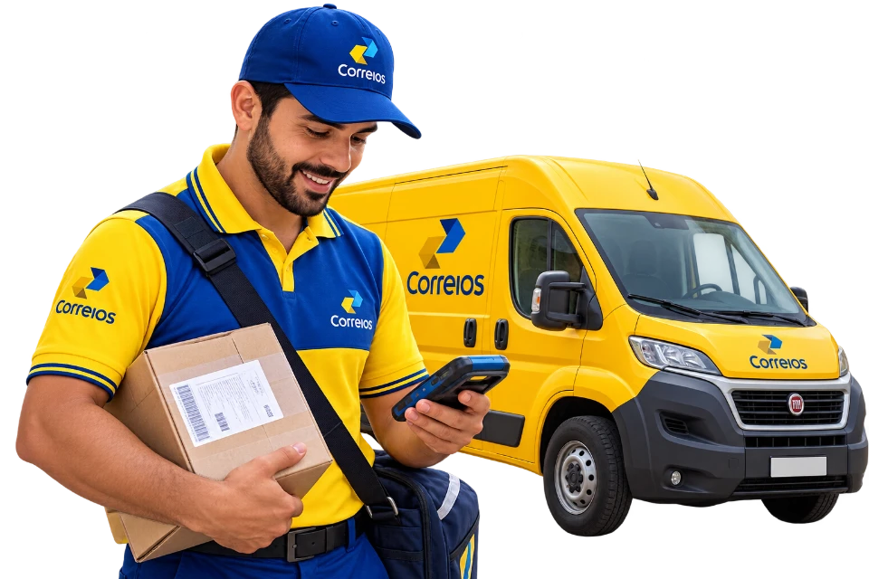 Entregador sorridente com uma encomenda e a van de entregas